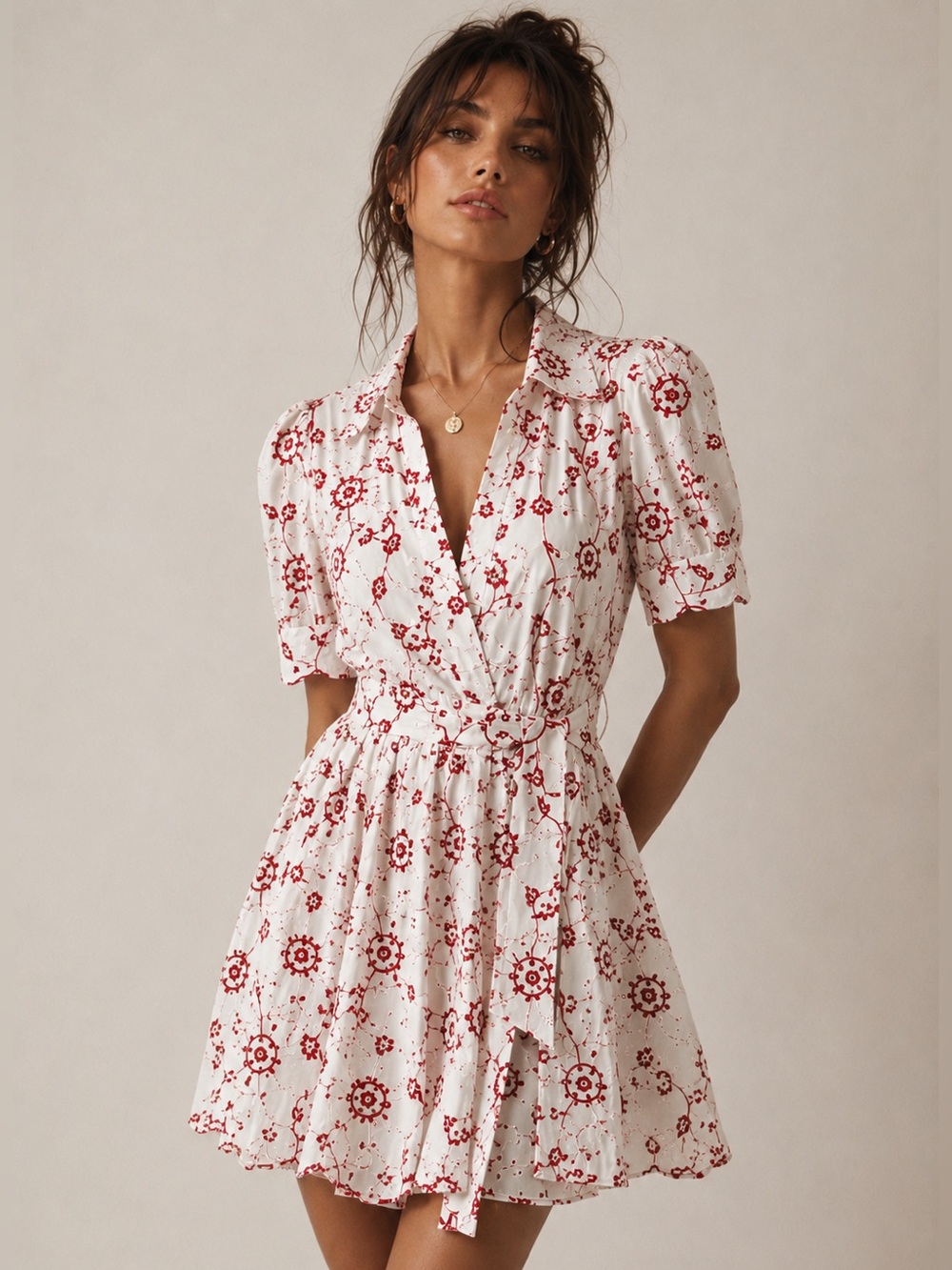 CIEBON Floral Embroidered Eyelet Cotton Shirt Dress Belted Puff Sleeve SML